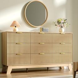 Fluted Dresser for Bedroom with 9 Drawers, 57" Mid Century Modern Dresser of Closet TV Stand, Nature Wood Dressers with Gold Handle, Boho Closet Wide 