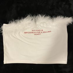 Women's Letter Embroidery Crop Top Faux Fur Deco White Tank Top Strapless Camisoles Vest