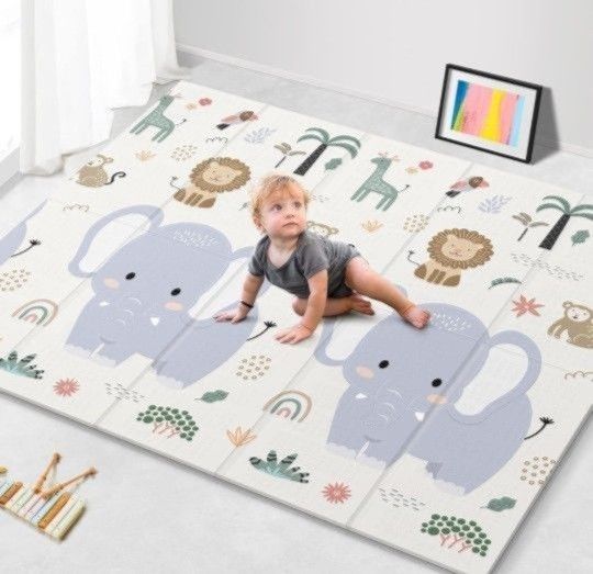 79x71 Foldable Play Mat for Baby, Extra Large Non-Toxic Tummy Time and Crawling Mat, Thick Foam Play Mat, Reversible Portable Baby Floor Mat