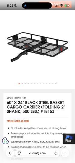 CURT 18153 Folding Hitch Basket Cargo Carrier, 60" x 24", 500 LB Capacity with Cargo Net & Weather Resistant Cargo Bag