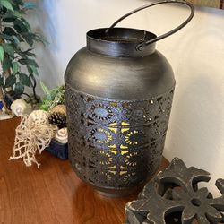 Lantern 13.5” Smokey Black Temple Lattice Distressed Metal Hanging Candle Lantern