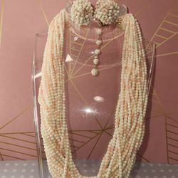 #2074, JAPAN PINK OPAL 18 STRAND LAYERING  & CLIP EARRINGS, DEMI PARURE SET

