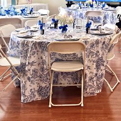 120” Round Blue Floral Tablecloth + 15 Matching Napkins – NEW