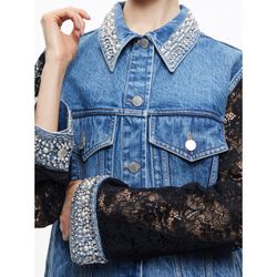 Alice + Olivia Jeff Oversized Crystal Embellished Blue Black Lace Sleeve Denim Jacket