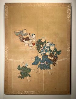 Antique Japanese Painting on Paper Children at Play Silk Trim 31” x 22.5”