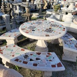 Concrete Stone Mosaic Picnic Table with 3 Benches/ Outdoor Patio Furniture