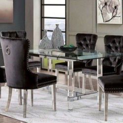 Brand New Black Chrome Acrylic, Glass, Metal 7pc Dining Table Set