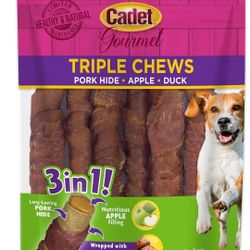 Cadet Gourmet Triple Chews Long-Lasting Pork Hide Sticks with Apple and Duck 6 Pack