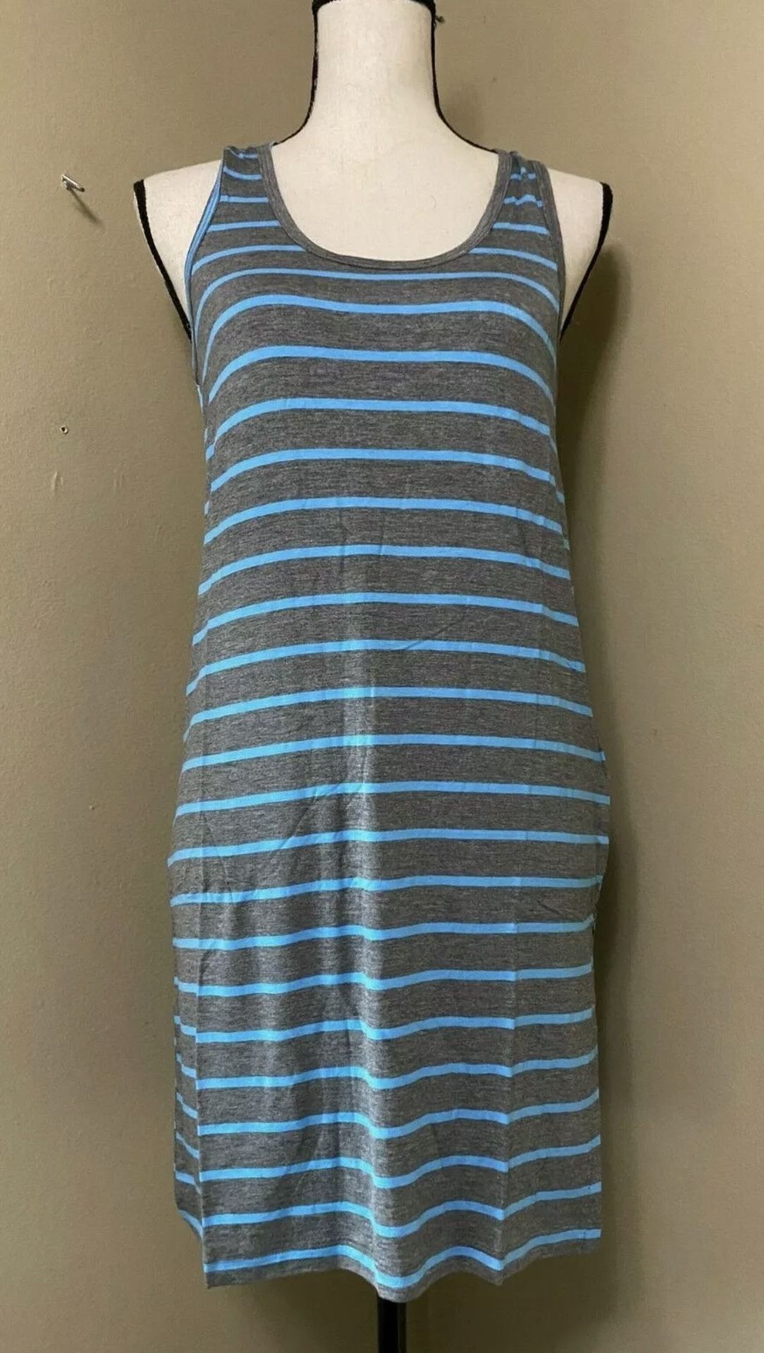 OCEAN BLUE Neon Blue Gray Striped/Racerback Sleeveless Tank Dress Lace Back sz L