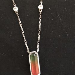 VINTAGE STERLING SILVER WATERMELON TOURMALINE AND DIAMOND BAR NECKLACE