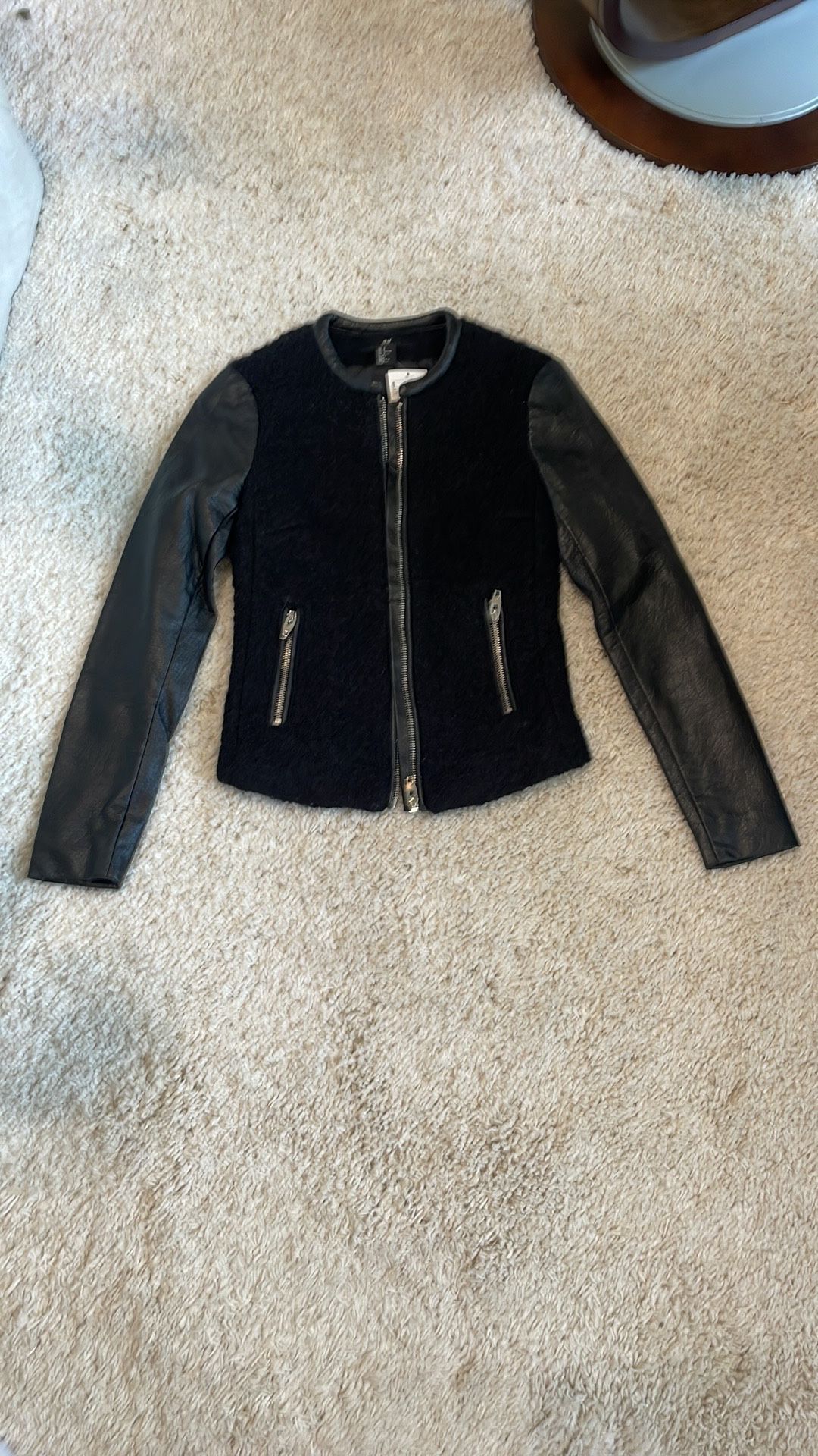 Women's Black Leather wool dress Jacket 2 H&M inside pocket zip front New