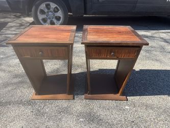 Vintage Wooden and Bamboo Matching Side Tables  18” wide  18” deep  23” tall