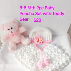 Baby Poncho Set, 3-6Mth With Teddy Bear.