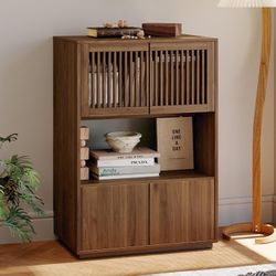 NessCarsti 33.46" Mid-Century Modern Wooden Storage Cabinet, Freestanding Buffet Sideboard with Grille Striped Doors, Open Shelf and Enclosed Compartm
