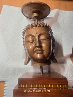 Bronze Buddha Head Sculpture on Wood Base