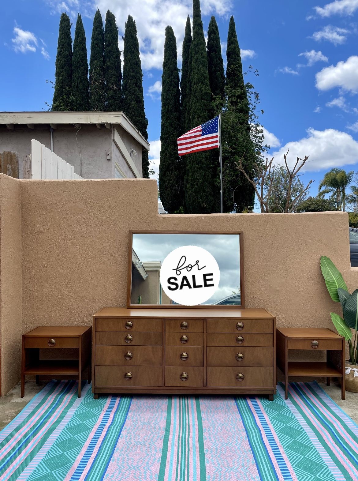 Bedroom Set Dresser Mirror Nightstands Headboard Mid Century Modern Antique Retro MCM vintage