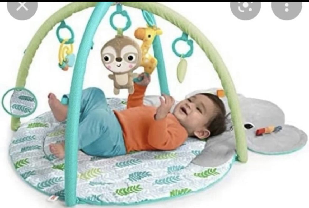 Baby activity gym with 5 toys, 3 ways to play.