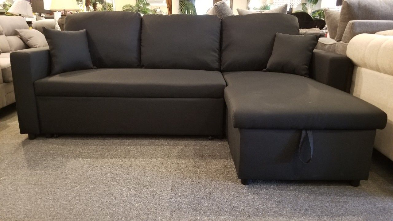 Brand New 89" x 61" Reversible Black Or Gray Linen With Pullut Sofa And Storage Chaise