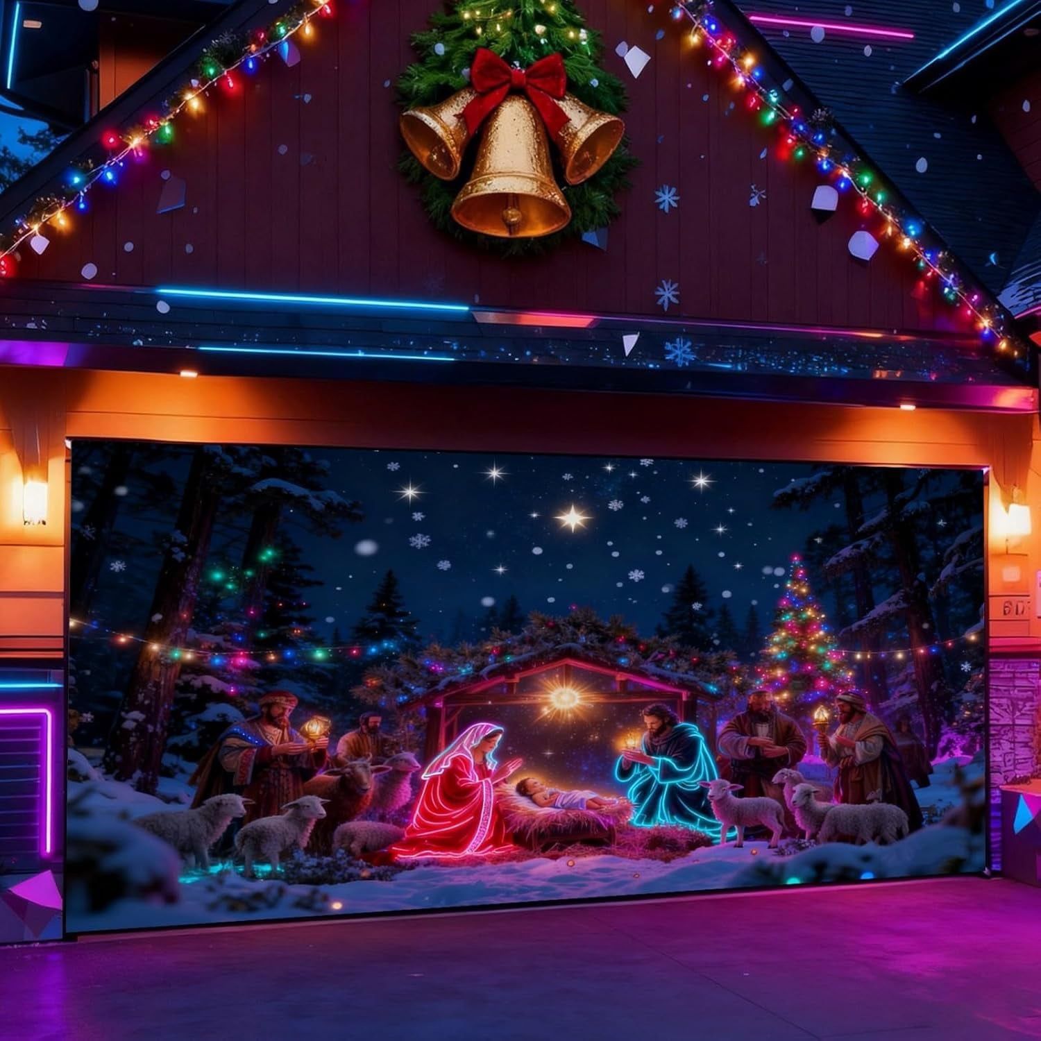 UV Activated Christmas Garage Door Cover 7x16ft, 2D Flat Christmas Garage Door Decorations for Outdoor