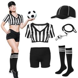 Women Referee Costume Stripe Ref Shirt Jersey Shorts Referee Hat Whistle Cosplay (LG)