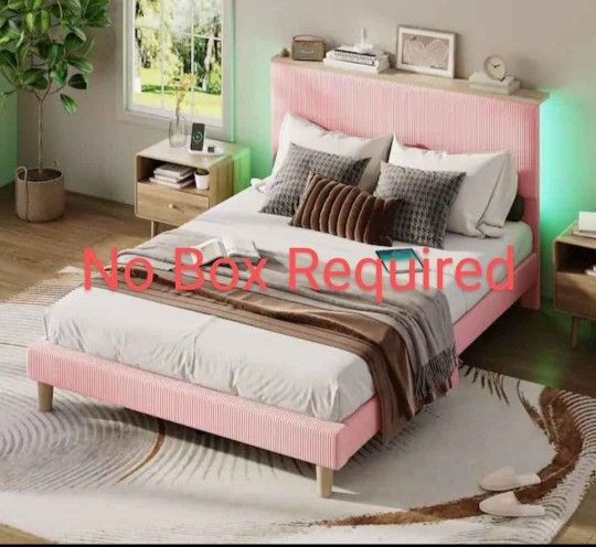 Sturdy Elegant Bed Frame In Box Full Wood Pink Upholstery LED Remote Storage Motion Sensor