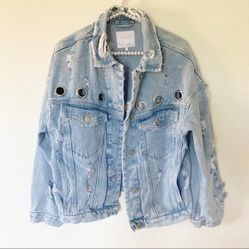 Zara Distressed Denim Jacket with Silver Metal Eyelets