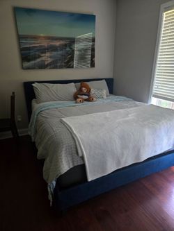Blue Upholstered Queen Bed Frame