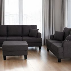 Brand New Dark Grey Sofa & Loveseat w Storage Ottoman 