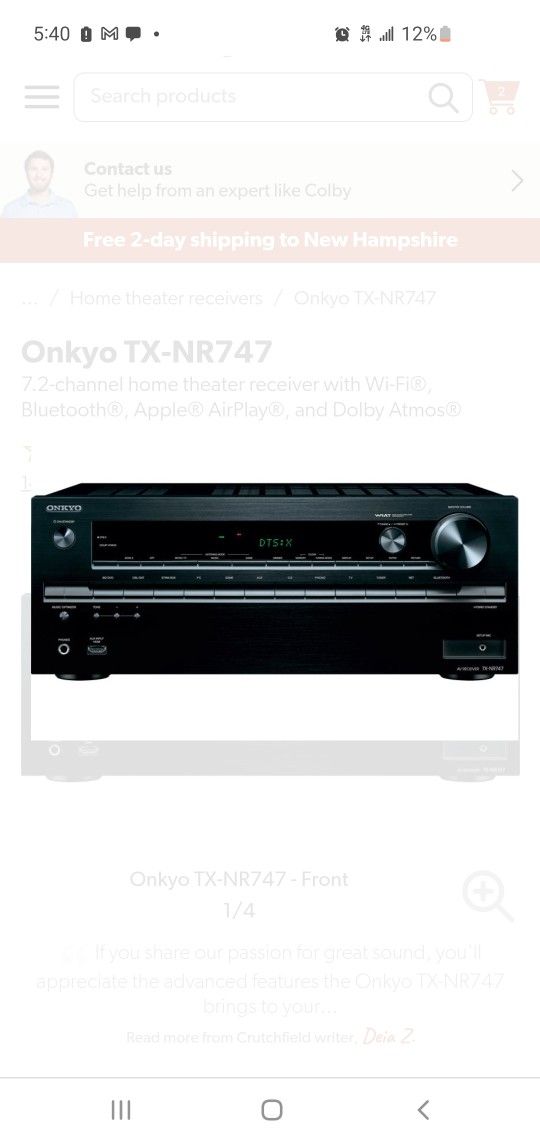 Onkyo Txnr747 A/V Receiver 7.2 Atmos Thx Surround Sound With Box