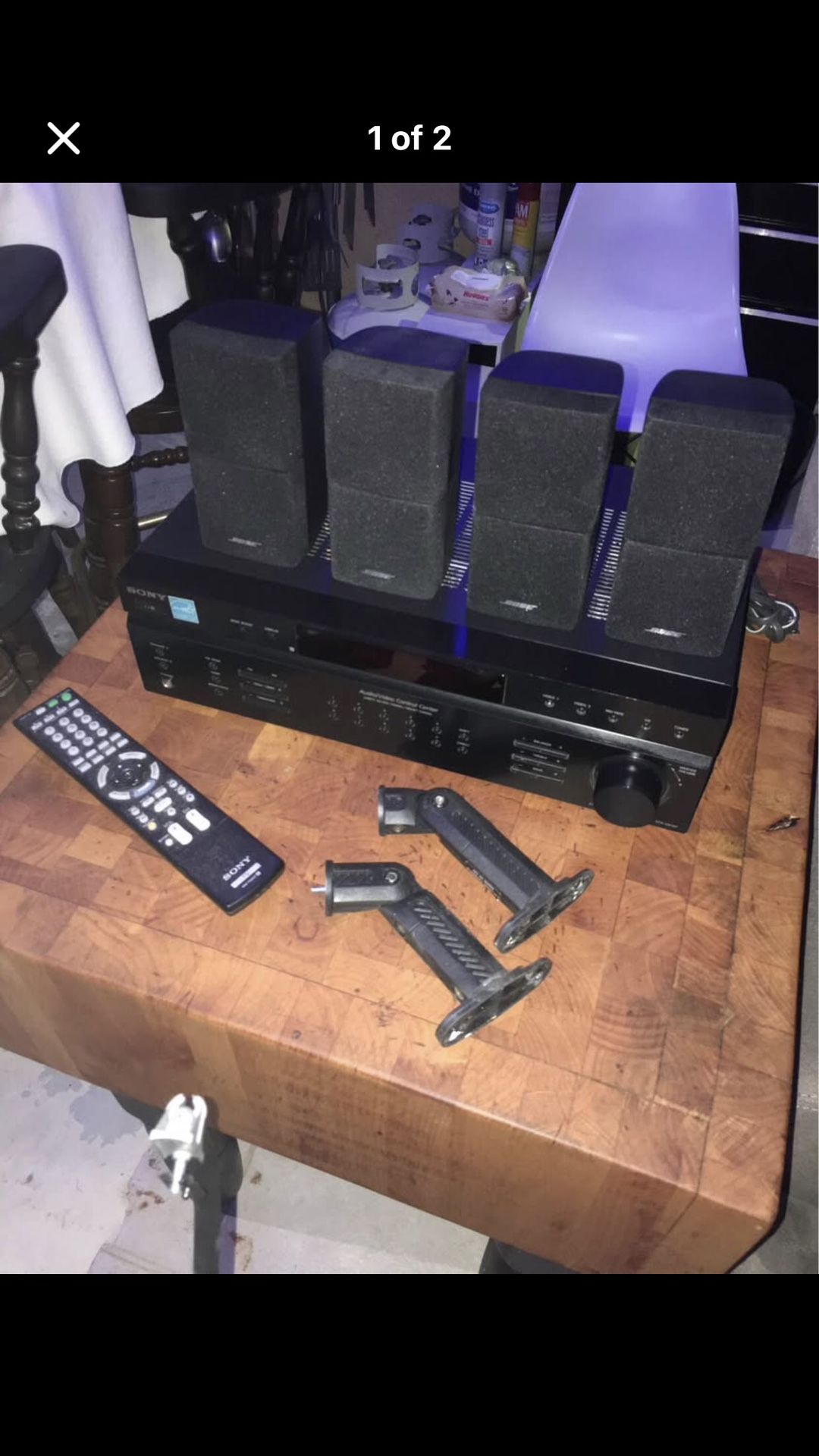 Sony Receiver with remote + 4 Bose Acoustimass cube speakers, 2 floor stands & 2 wall mounts