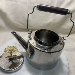 Hammered Metal Teapot Silver Gold Brown Wooden Handle Decorative Lid