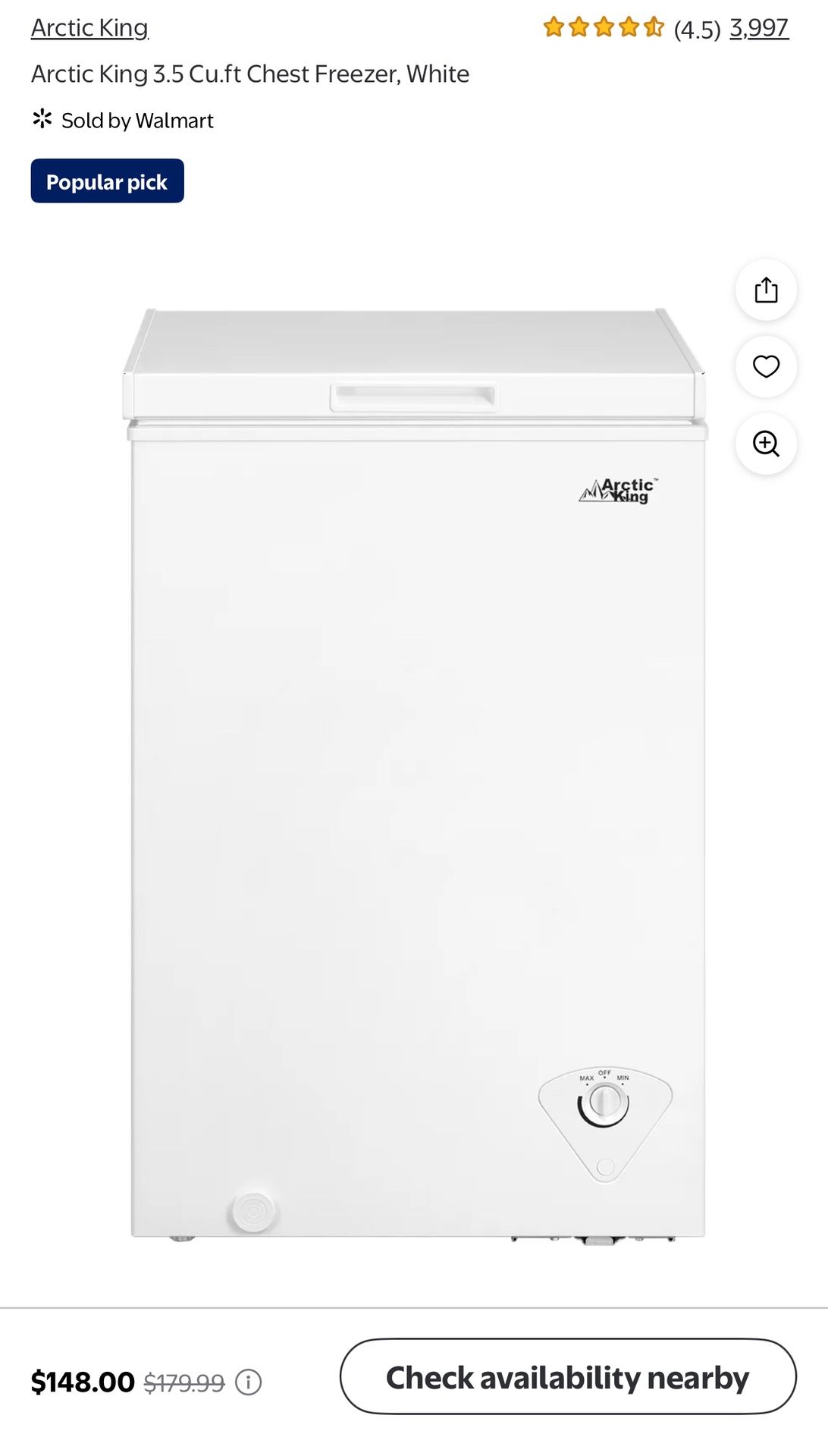 Arctic King 3.5 Cu.ft Chest Freezer, White