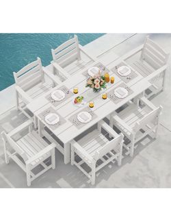 SERWALL 7-Piece Patio Dining Table Sets, Outdoor HDPE Dining Furniture Set with Umbrella Hole Cut-Out Table and 6 Chairs, White brand new in box $630 