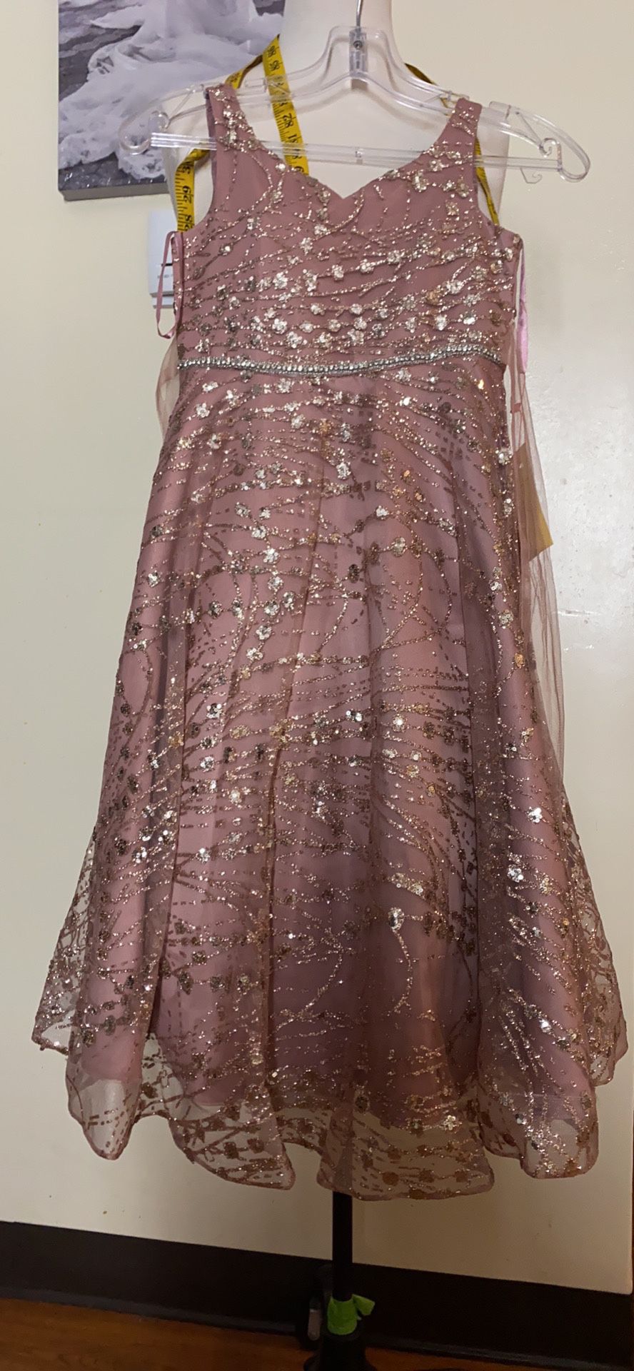 Flower Girl Dress Size 8 Blush Pink Rose Gold Rhinestone Waist Line