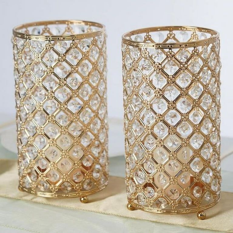 BalsaCircle 2 Pieces 9" Gold Crystal Beaded Metal Candle Holders Wedding Party Dining Centerpieces Decorations