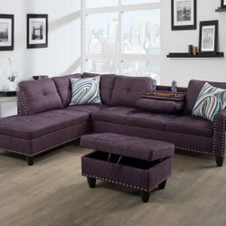 Plum purple Linen Sectional Couch And Storage Ottoman 