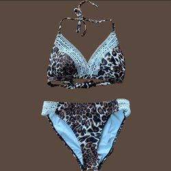 Brown Leopard Print 2-Piece Bikini Set With lace Design