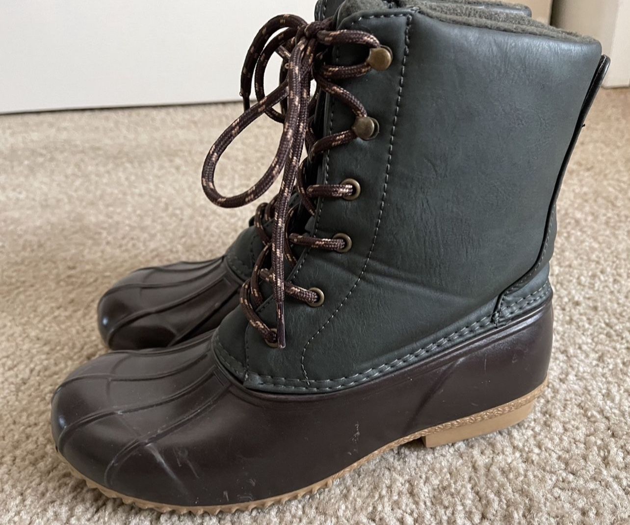 Rampage Women's Size 7 Brown Green Lace Up Mud Snow Rain Duck Boots