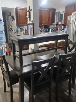 Homelegance 6-Piece Dining Set with Table with 4 Cross Back Chairs and Bench, Modern Wood Okume Veneer Dining Room Furniture with Faux Leather Cushion