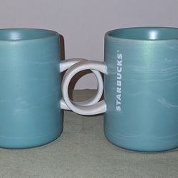 Starbucks 2019 Blue Green Teal Mint Cloud Marble Shimmer Mugs, Sold As A Pair-$20.00