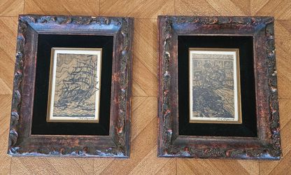 Framed art by Paul Raymond: Sailboat and Bullfight