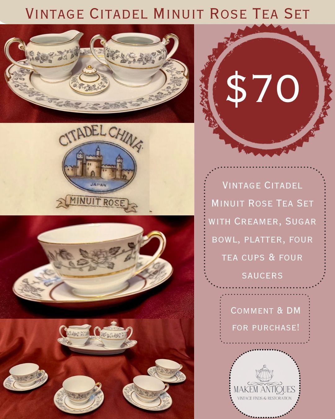 Vintage Citadel Minuit Rose Tea Set