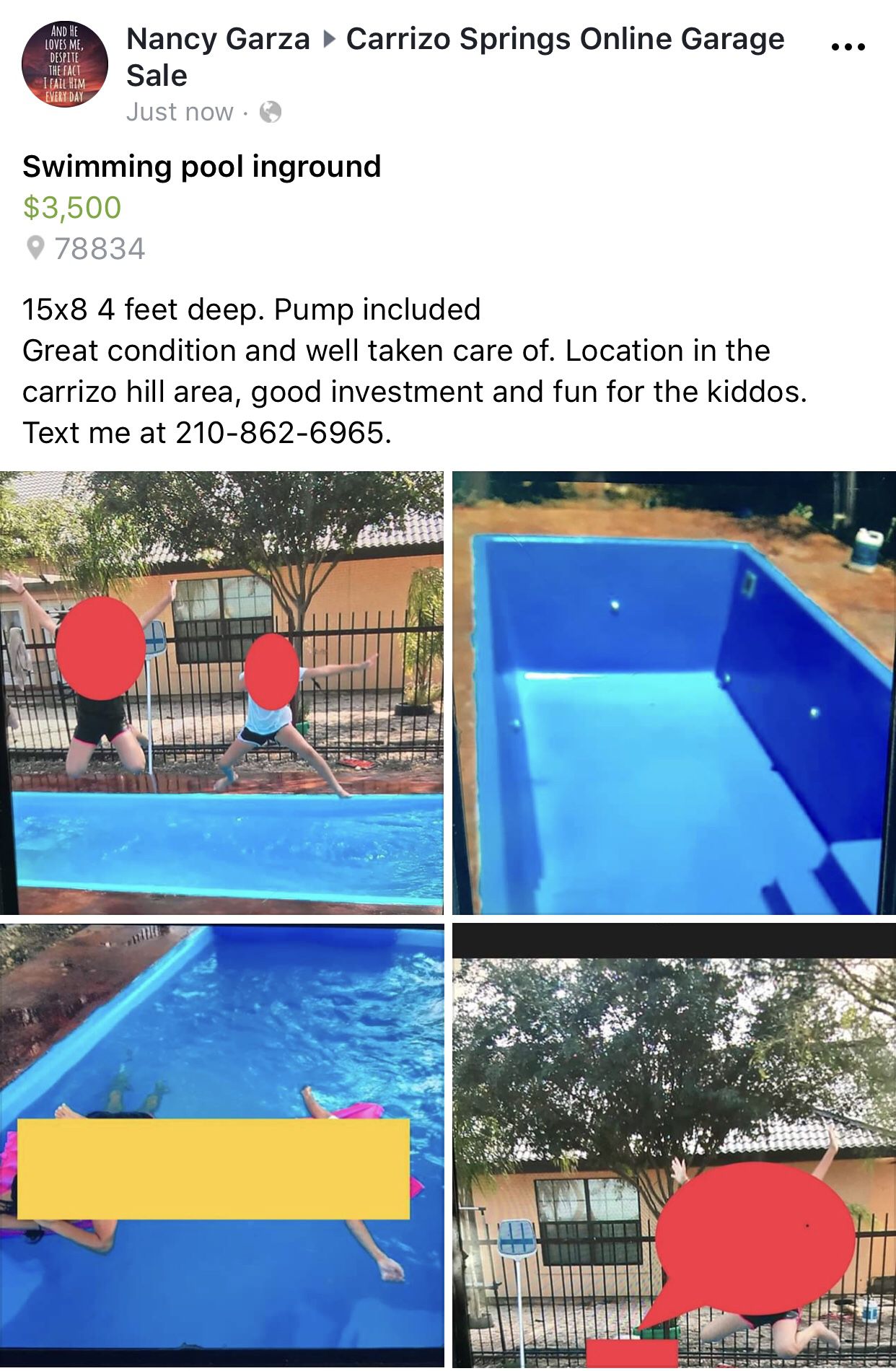 Inground swimming pool located 1.5 hrs south of San Antonio ready for pickup