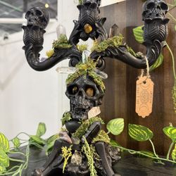 Custom Made Gothic Skull Candelabra Preserved Moss Natural Crystals 