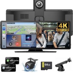 Wireless Carplay Screen for Car,10.26" Portable Apple Carplay and Android auto，4K Dash Cam with Rotatable Lens, 1080P Backup Camera, GPS Navigation, M
