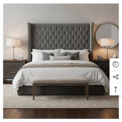 Restoration Hardware, gray velvet, upholstered bedframe and headboard