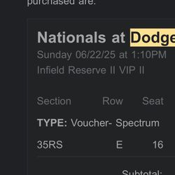 Dodgers vs Nationals June 22. Sunday at 1 Pm  Seat 35RS E 16 