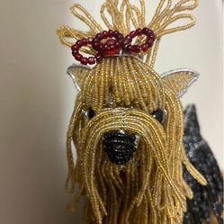 Beadworx By Grass Roots- A handmade beaded sculpture of a Yorkshire Terrier dog.