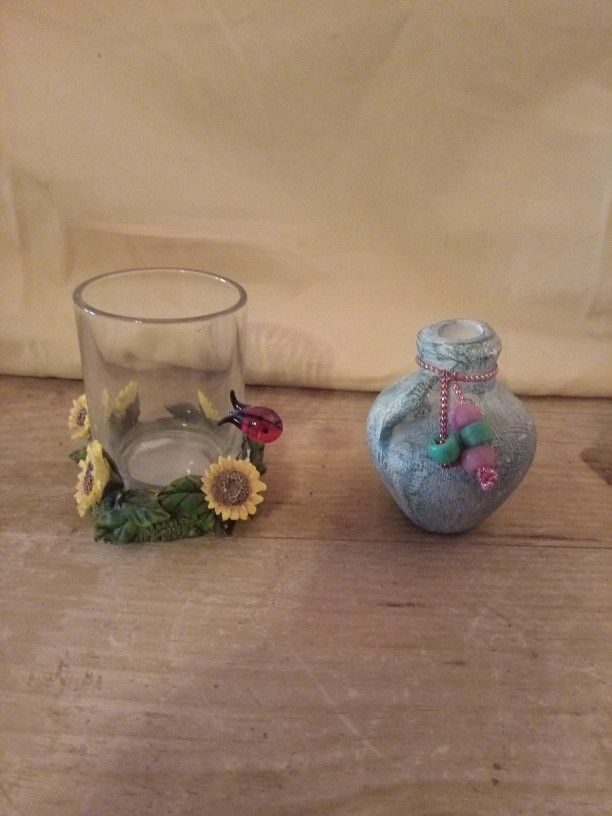 Candle Holder With Ladybug Decorative Sunflowers And Small Decorative Vase
