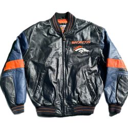 Vintage Denver Broncos Leather Jacket Coat w/ Embroidery By G-III Carl Banks S